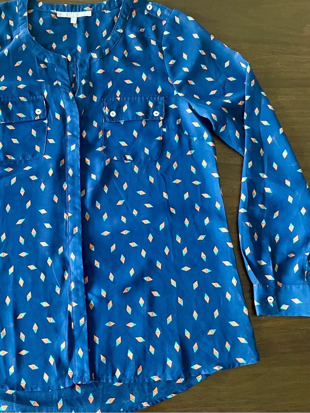 Daniel Rainn Sheer Navy Blouse with Orange & Teal Geo Print - Size Large